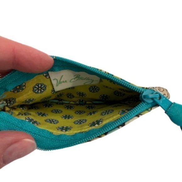Vera Bradley Zip ID Card Holder Teal‎ Lime Green Peacock Paisley Quilted BOHO - Picture 3 of 4